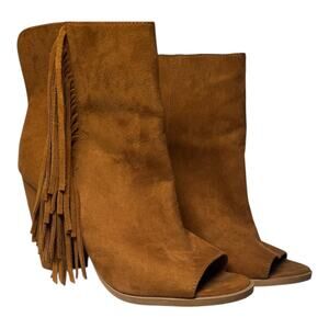 Dolce Vita Suede Peep Toe Bootie Heels Suede Camel Brown Fringe 8.5
